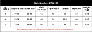 Detailed size chart in cm for long sleeve mesh bodysuit with chest and waist measurements