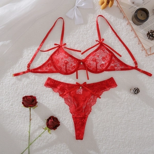 Detail of red lace lingerie set with pearl pendant on white plush background