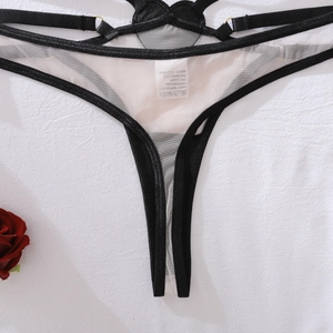 Detail of sheer white mesh thong with black straps and a red rose decoration