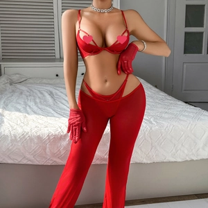 Détail d'un ensemble de lingerie en résille rouge avec soutien-gorge et pantalon voile