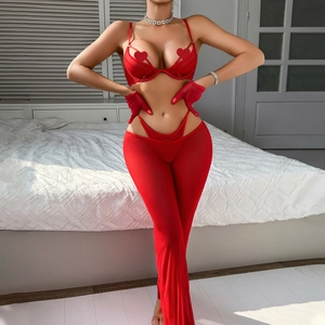 Ensemble lingerie rouge avec soutien-gorge ajouré cœur, pantalon en mesh et gants