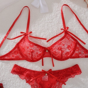 Detail of red floral lace lingerie set with silk bows and crystal pendant on white fur