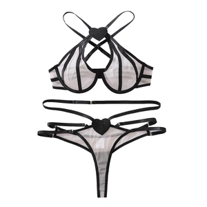 Sheer mesh halter lingerie set with heart leather patches and black elastic straps