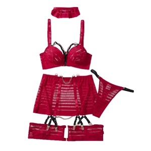 5-piece red mesh lingerie set with metal chains, striped sheer fabric, and choker