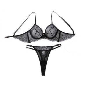 French style sheer eyelash lace lingerie set with underwire bra and thong in black