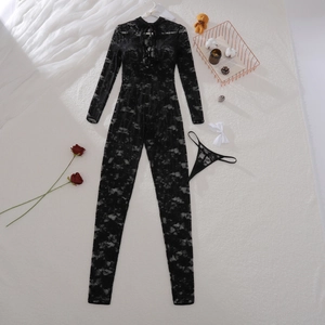 Flat lay of black floral lace bodysuit with high collar and sheer jacquard mesh fabric