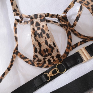 Close-up of leopard print mesh lingerie with gold hardware and sheer fabric details