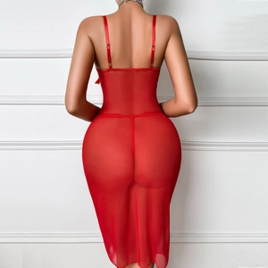 Sexy red sheer mesh nightgown with open back design and adjustable straps for women