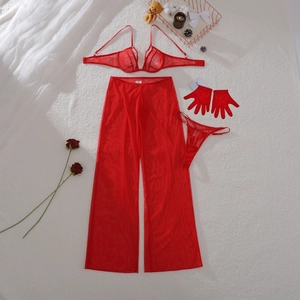 Détail du pantalon en résille rouge avec ensemble de lingerie en dentelle et gants assortis