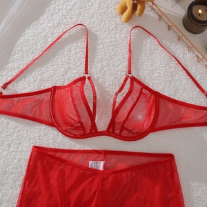 Détail d'un ensemble de lingerie en résille rouge avec armature et étiquette de taille S