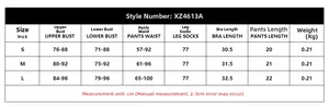 Detailed size chart for sexy halter fishnet leather lingerie set with measurements in cm