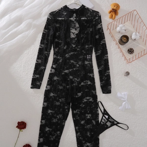 Flat lay of black floral lace bodysuit with high neck and teardrop cutout detail