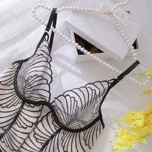 Detail of a white mesh bodysuit featuring black floral embroidery and underwire cups