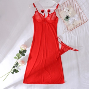 Detailed flat lay of red mesh sheer nightdress and thong with heart sequin charm decor