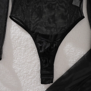 Close-up of black sheer mesh bodysuit featuring long sleeves and bottom buckle closure