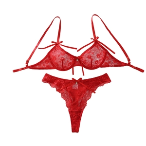 Sexy red floral lace lingerie set with triangle bra and matching thong with bows