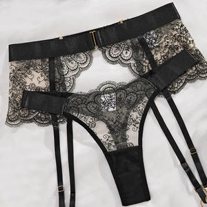 Detail of black lace garter belt and thong set with floral embroidery and gold metal clips