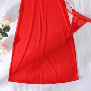 Detailed flat lay of red mesh sheer chemise set with underwire cups and floral accents