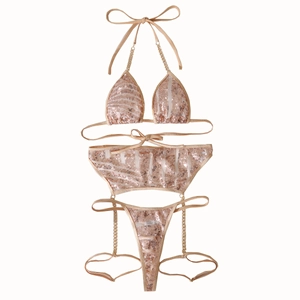Dreiteiliges Pailletten-Bikini-Set in Champagner mit Metallketten und Mesh-Wespentaille