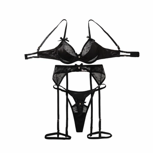 Ensemble de lingerie sexy en dentelle noire avec soutien-gorge push-up et porte-jarretelles