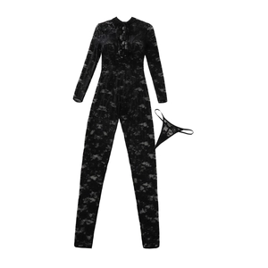 Sheer black lace floral jumpsuit with high neck long sleeves and cut-out details
