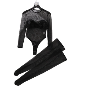 Black mesh long sleeve bodysuit and matching leggings set with floral applique detail