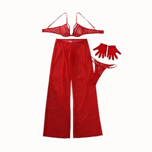 Ensemble lingerie 4 pièces rouge en maille avec pantalon large, soutien-gorge et gants