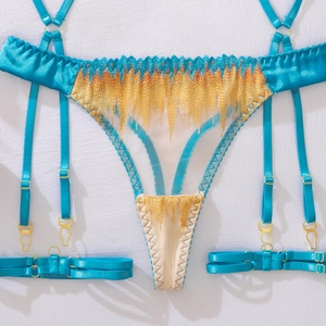 Detail view of teal lingerie set featuring golden embroidery and metallic adjusters