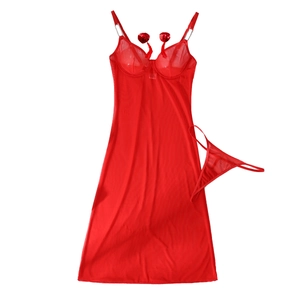 Sexy red mesh sheer chemise set with sequin heart detail and underwired cups
