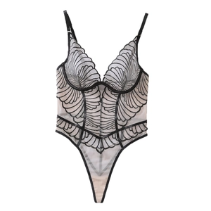 Sexy V-neck geometric embroidery mesh bodysuit with underwire support and floral lace
