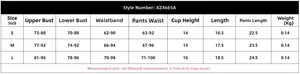 Detailed size chart for embroidered lingerie set with measurements in centimeters
