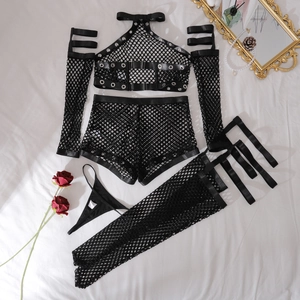 Detail view of black fishnet lingerie set with metal eyelets and faux leather straps