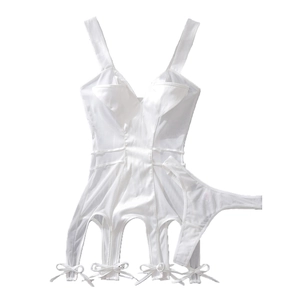 White satin and mesh teddy lingerie set with garter straps and bow details