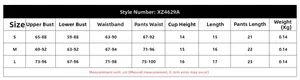 Detailed size chart for heart embroidery lingerie set including S, M, and L measurements