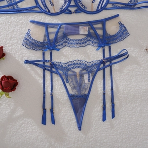 Detailed view of blue lace lingerie set with bow accents and fabric composition labels