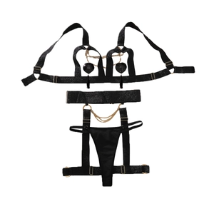 Black glitter lingerie set with metal chains, gold heart pendant and fringe tassels