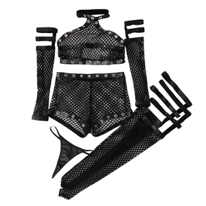 Punk fishnet lingerie set with leather trim and silver eyelet details for women