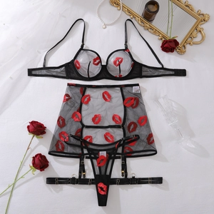 Detailed flat lay of black mesh lingerie set with red lip embroidery and garters