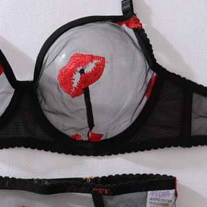 Close-up of black sheer mesh bra featuring vibrant red lip embroidery and underwire support