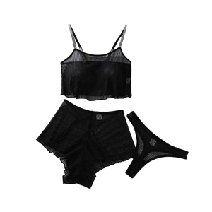 Three-piece black mesh lingerie set with sheer striped camisole and ruffle shorts