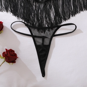 Detailed close-up of black mesh T-back thong with dense fringe tassels on white background