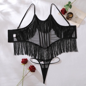 Detail shot of sheer mesh lingerie set with fringe tassels and lace straps on white background