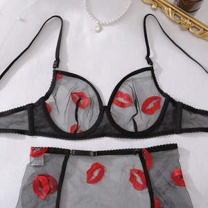 Detail of sheer black mesh lingerie with red lip embroidery and decorative ring details