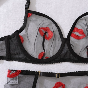 Detail of red lip embroidery on sheer black mesh lingerie set with scalloped lace edges