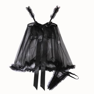 Ensemble lingerie en tulle noir transparent avec grand nœud et string assorti