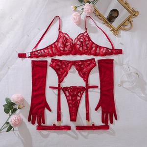 Detailed close-up of red lace embroidery lingerie set with mesh gloves and gold adjusters