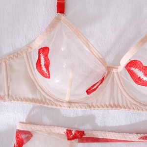 Close-up of red lip embroidery on sheer mesh lingerie with adjustable straps