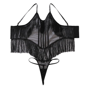 Sexy black mesh bodysuit set with fringe detailing and adjustable halter neck straps