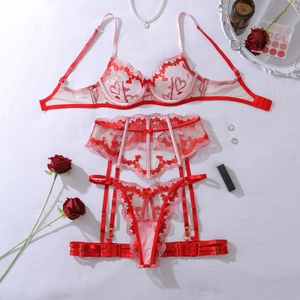 Flat lay detail of heart embroidery lingerie set with red roses and pearls