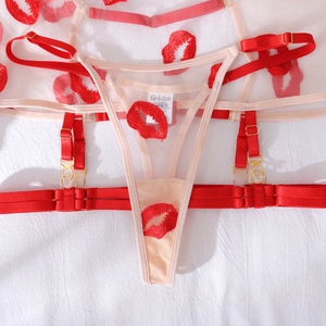 Detail of sheer mesh lingerie with red lip embroidery, gold adjusters, and elastic straps